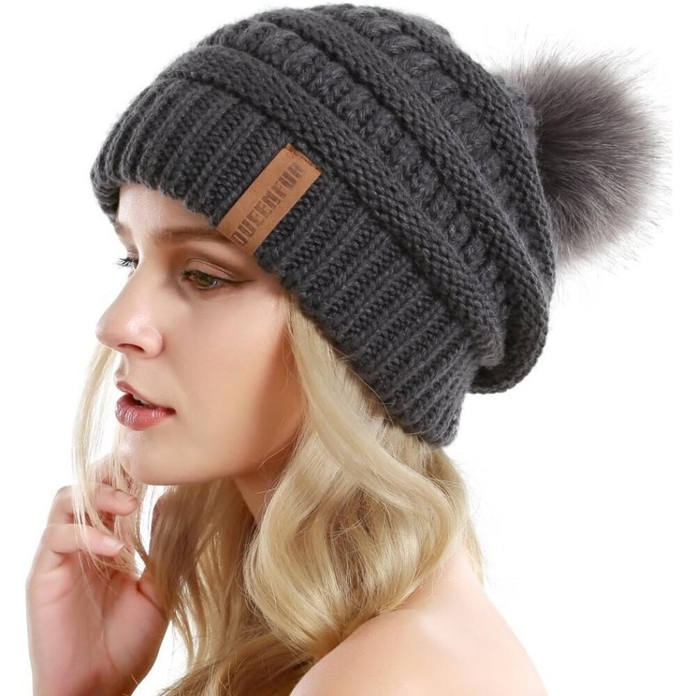 Queenfur Knit Slouchy Beanie for Women Thick Baggy Hat Faux Fur Pompom Hat - Picture 2 of 6